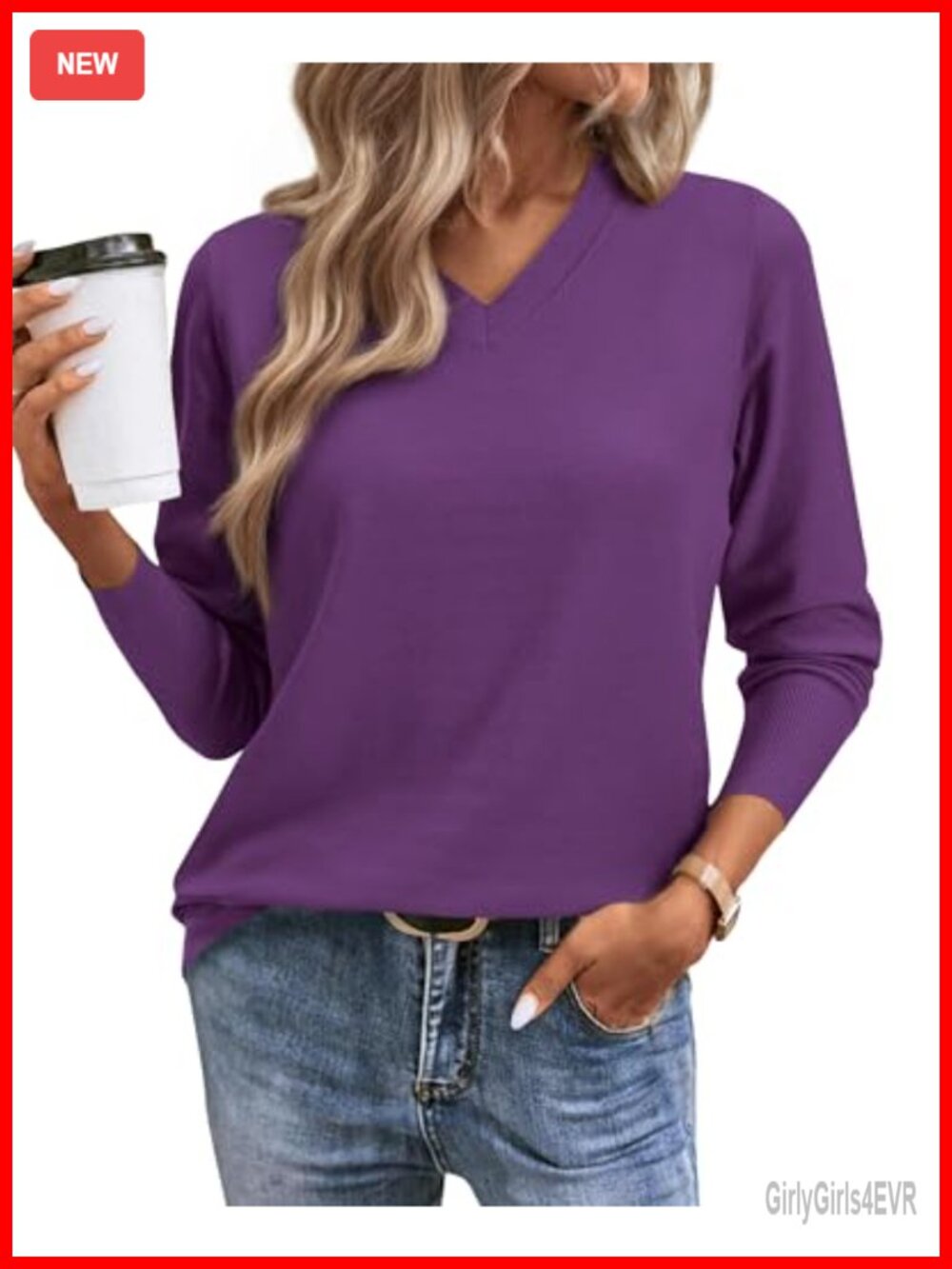 Women's Lightweight Ribbed Knit Long Sleeve V Neck Pullover Sweater